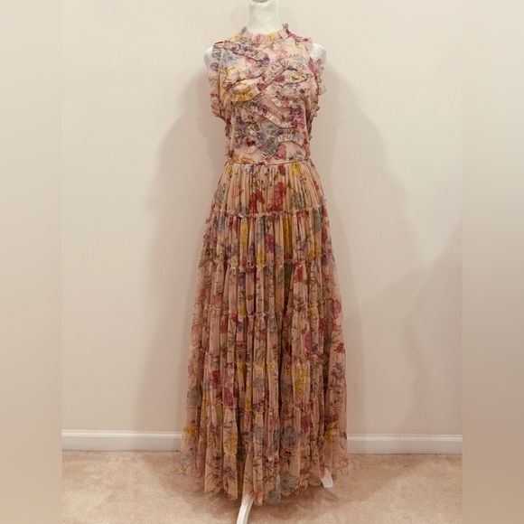 Sundance Dresses & Skirts - Sundance Let Me Be Jenny Dress Sand Floral Pink Tiered Mesh Maxi Gown NWT Sz L